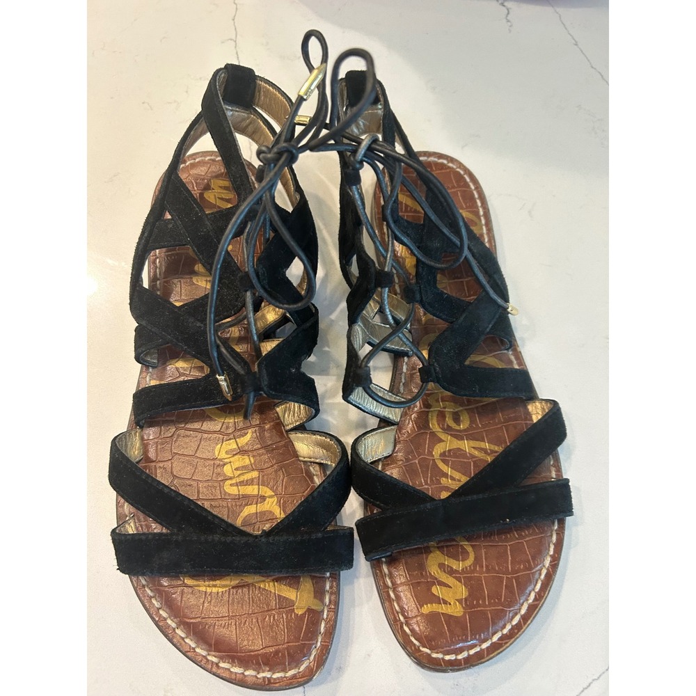 Sam Edelman Gemma Sandals Black Suede Lace Up Gladiator Flat Strappy Bohemian